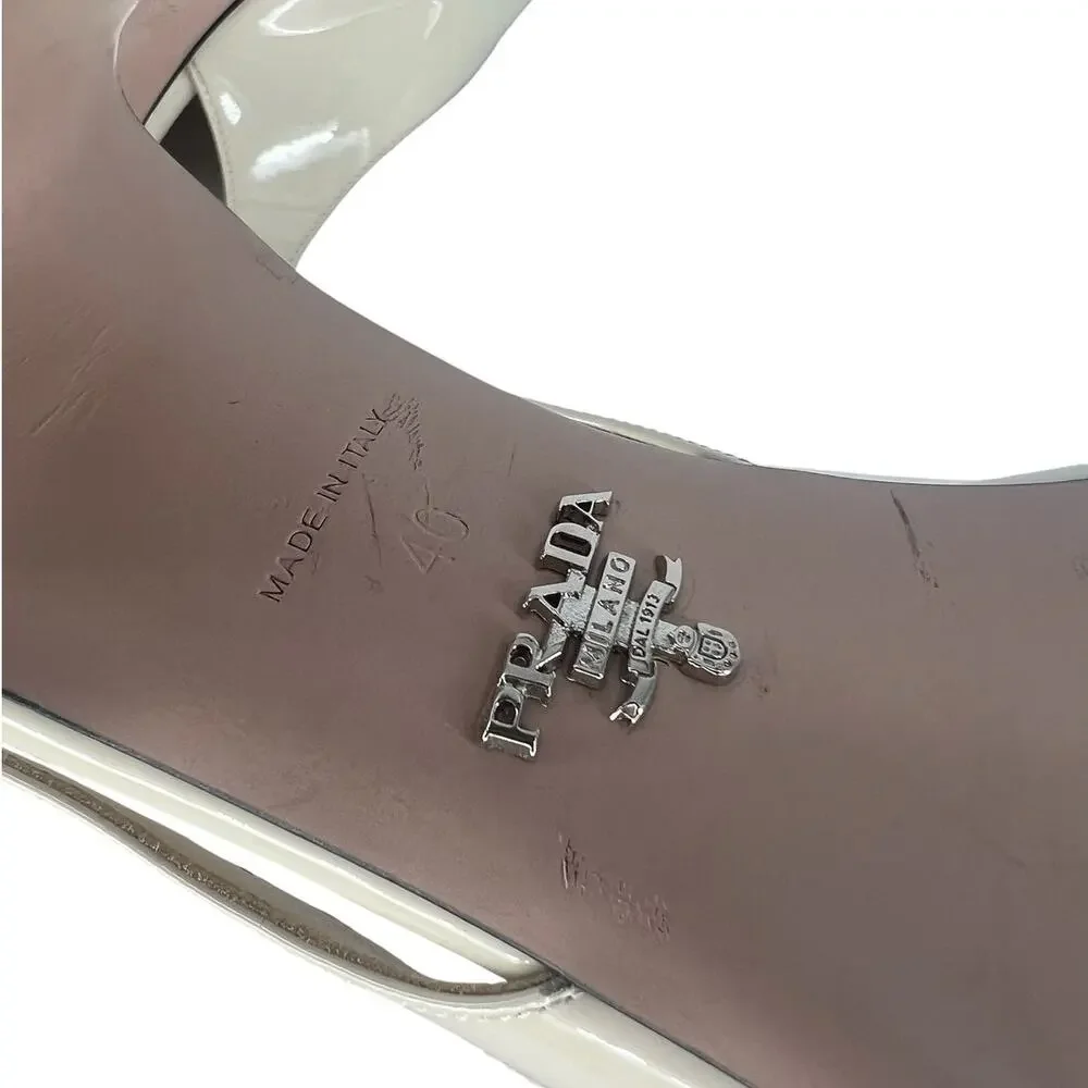 Prada Triangle Logo Patent Leather Slingback Pumps Ivory 40 - Picture 14 of 15